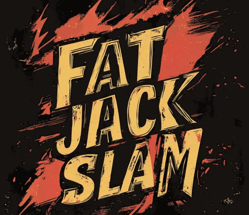 Logo von Fat Jack Slam: der Bandname in grobem Pinselschriftzug über einem roten Farbstreifen.